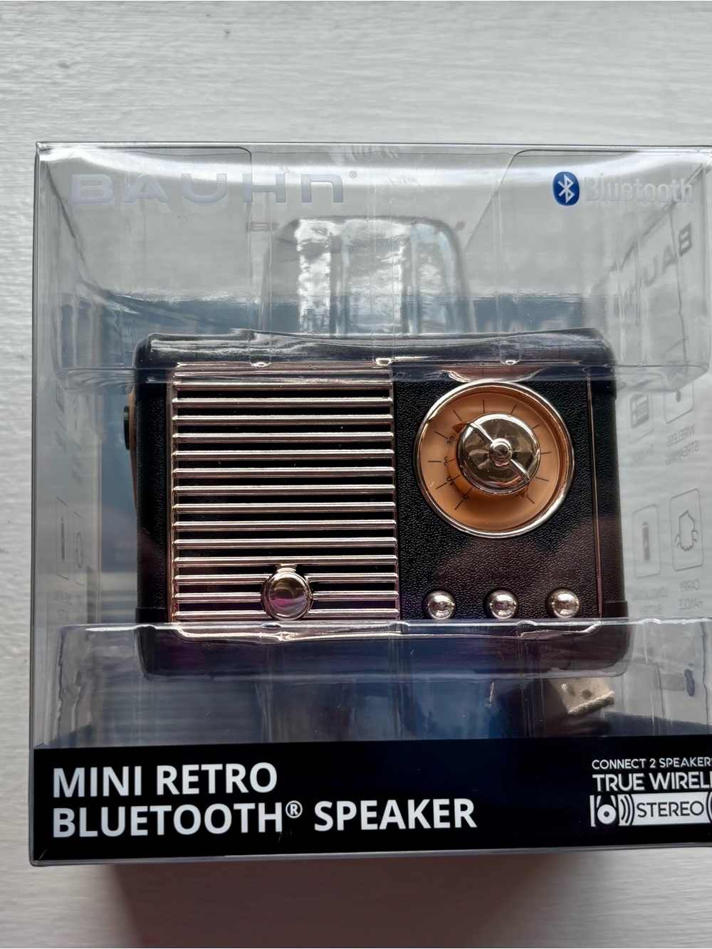 BAUHN Mini Retro Bluetooth Speaker in Black with Rose Gold Accents - Picture 2 of 3